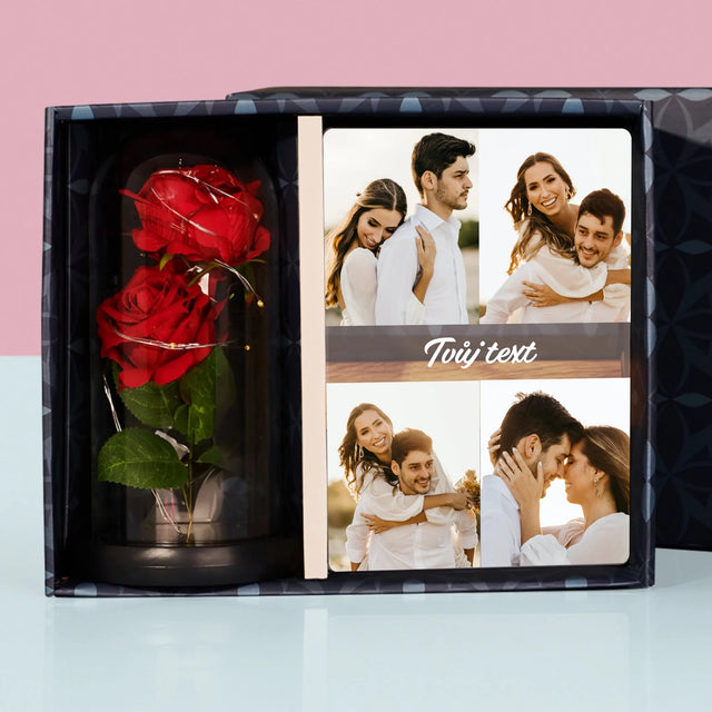 Fotokoláž: 4 Fotky A Nápis - Dárková Sada S Tiskem Na Akrylovém Skle A Věčnou Růží