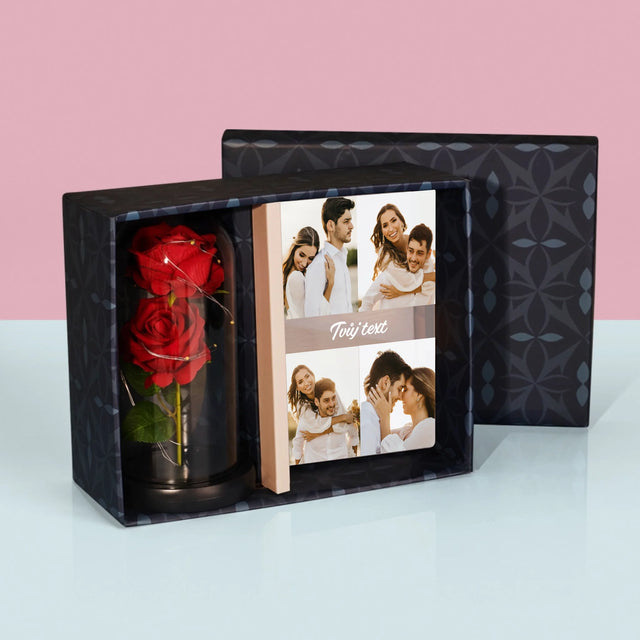 Fotokoláž: 4 Fotky A Nápis - Dárková Sada S Tiskem Na Akrylovém Skle A Věčnou Růží