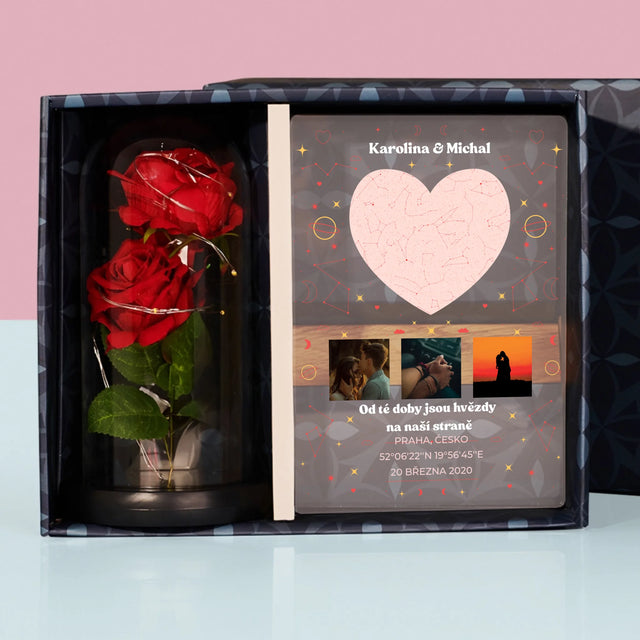 Hvězdná Mapa: Hvězdná Mapa: Náš Okamžik - Dárková Sada S Tiskem Na Akrylovém Skle A Věčnou Růží