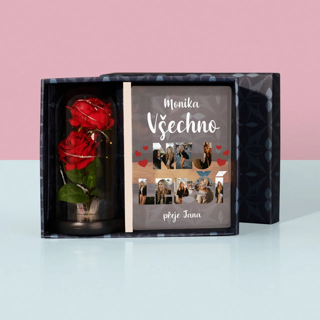 Slovo Z Fotek: Všechno Nejlepší - Dárková Sada S Tiskem Na Akrylovém Skle A Věčnou Růží