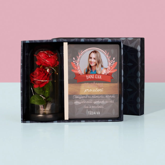 Fotka S Textem: Stvořena Pro Učení - Dárková Sada S Tiskem Na Akrylovém Skle A Věčnou Růží