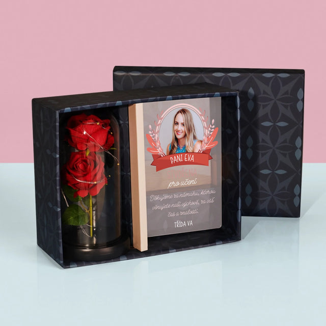 Fotka S Textem: Stvořena Pro Učení - Dárková Sada S Tiskem Na Akrylovém Skle A Věčnou Růží