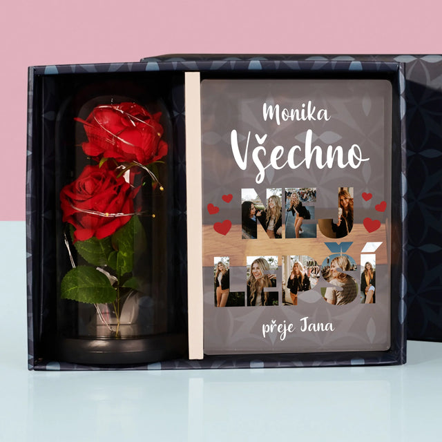 Slovo Z Fotek: Všechno Nejlepší - Dárková Sada S Tiskem Na Akrylovém Skle A Věčnou Růží