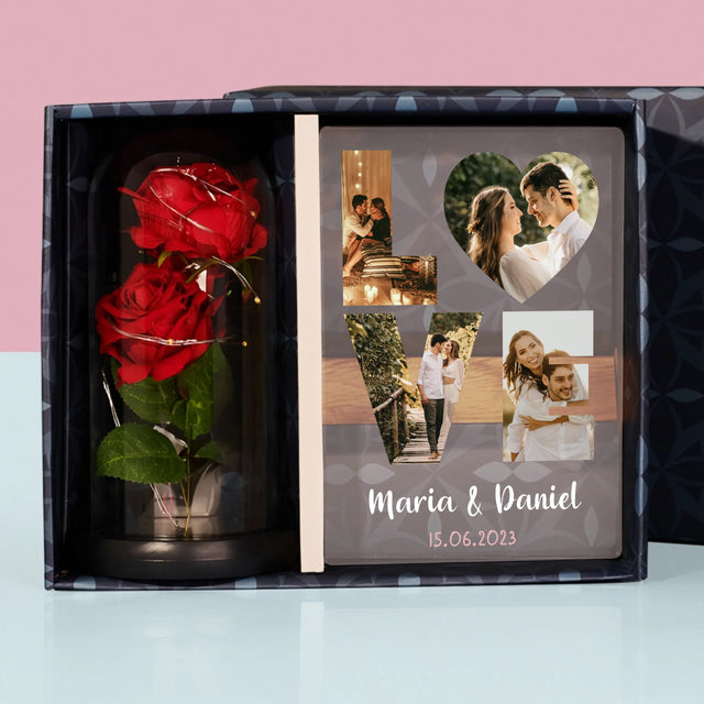 Slovo Z Fotek: Love - Dárková Sada S Tiskem Na Akrylovém Skle A Věčnou Růží