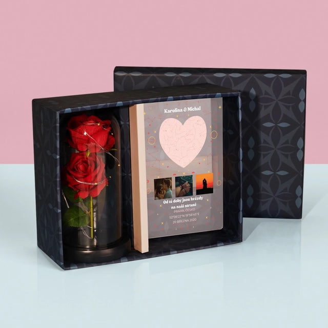 Hvězdná Mapa: Hvězdná Mapa: Náš Okamžik - Dárková Sada S Tiskem Na Akrylovém Skle A Věčnou Růží