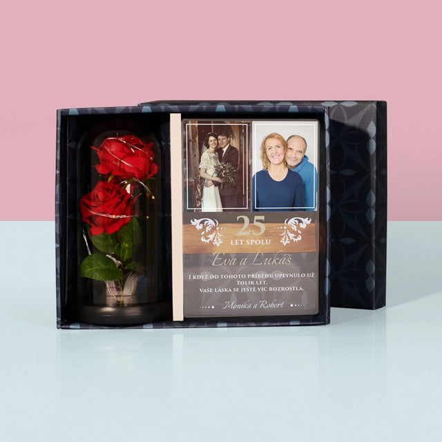 Fotokoláž: 25 Let Spolu - Dárková Sada S Tiskem Na Akrylovém Skle A Věčnou Růží