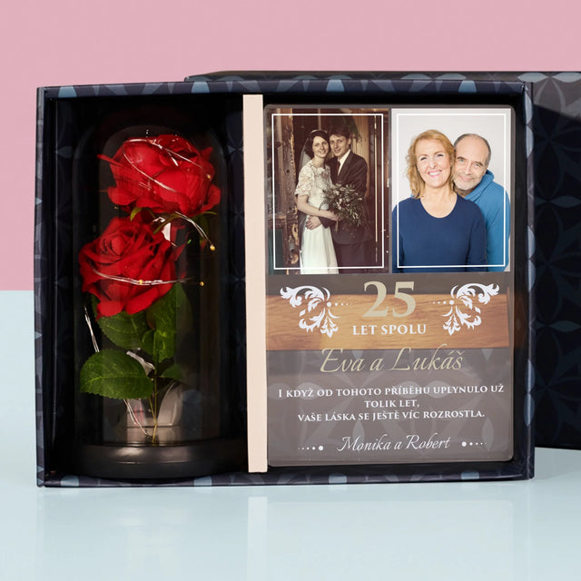 Fotokoláž: 25 Let Spolu - Dárková Sada S Tiskem Na Akrylovém Skle A Věčnou Růží