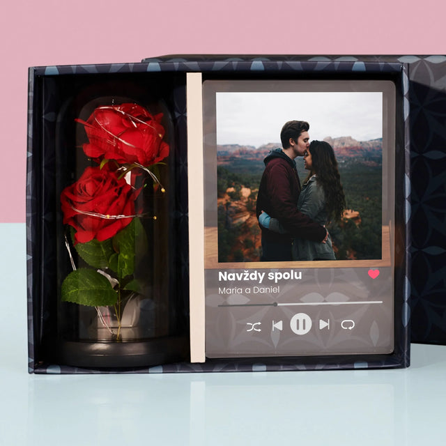 Fotka S Textem: Spotify S Vlastní Fotkou - Dárková Sada S Tiskem Na Akrylovém Skle A Věčnou Růží