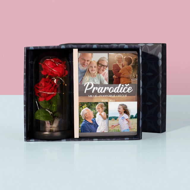 Fotokoláž: Drazí Prarodiče - Dárková Sada S Tiskem Na Akrylovém Skle A Věčnou Růží