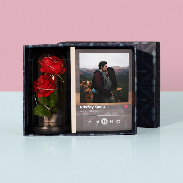 Fotka S Textem: Spotify S Vlastní Fotkou - Dárková Sada S Tiskem Na Akrylovém Skle A Věčnou Růží