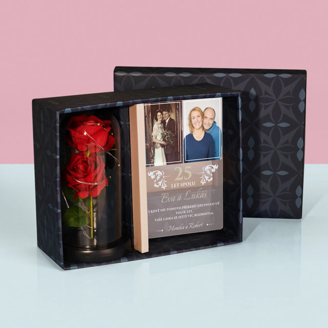 Fotokoláž: 25 Let Spolu - Dárková Sada S Tiskem Na Akrylovém Skle A Věčnou Růží