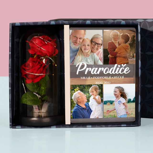 Fotokoláž: Drazí Prarodiče - Dárková Sada S Tiskem Na Akrylovém Skle A Věčnou Růží