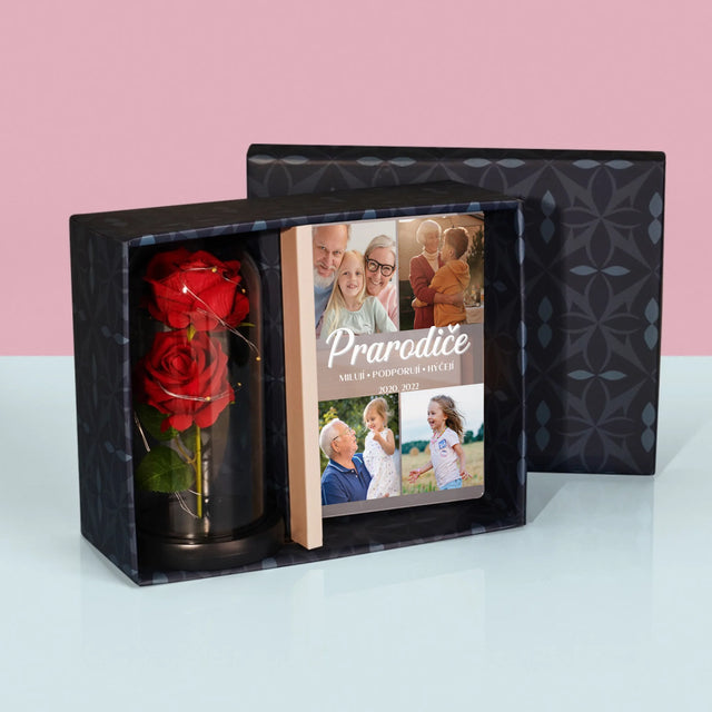Fotokoláž: Drazí Prarodiče - Dárková Sada S Tiskem Na Akrylovém Skle A Věčnou Růží