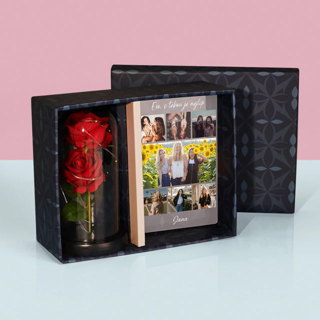 Fotokoláž: Nejlepší Kamarádka - Dárková Sada S Tiskem Na Akrylovém Skle A Věčnou Růží