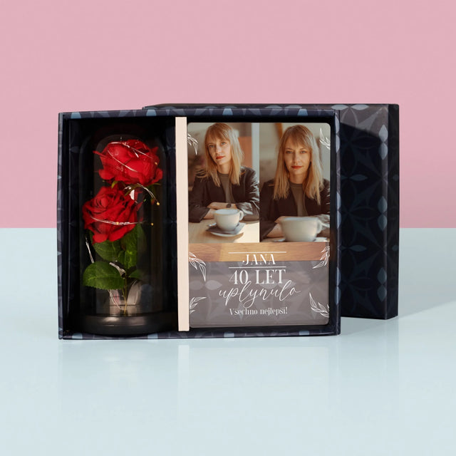 Fotokoláž: Uplynulo 40 Let - Dárková Sada S Tiskem Na Akrylovém Skle A Věčnou Růží