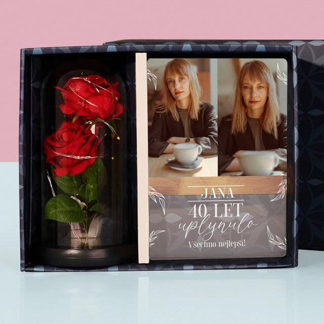 Fotokoláž: Uplynulo 40 Let - Dárková Sada S Tiskem Na Akrylovém Skle A Věčnou Růží