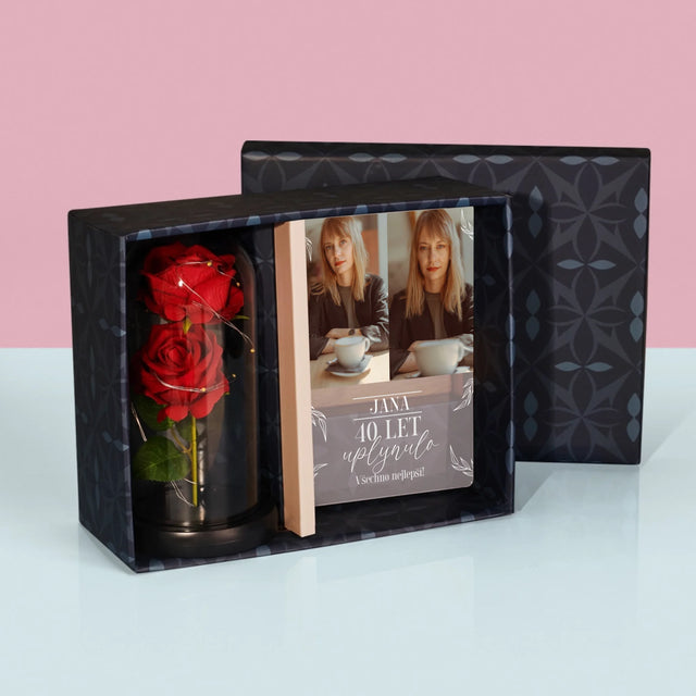 Fotokoláž: Uplynulo 40 Let - Dárková Sada S Tiskem Na Akrylovém Skle A Věčnou Růží