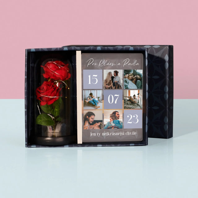 Fotokoláž: Nejlepší Chvíle - Dárková Sada S Tiskem Na Akrylovém Skle A Věčnou Růží