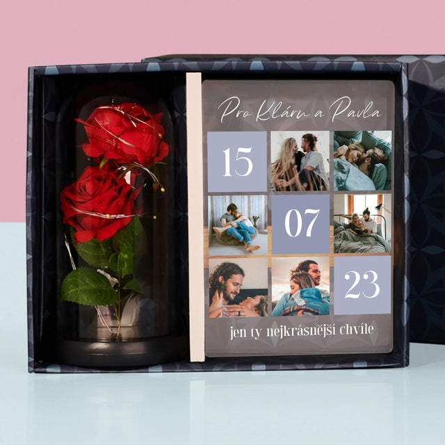 Fotokoláž: Nejlepší Chvíle - Dárková Sada S Tiskem Na Akrylovém Skle A Věčnou Růží