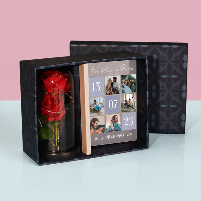 Fotokoláž: Nejlepší Chvíle - Dárková Sada S Tiskem Na Akrylovém Skle A Věčnou Růží