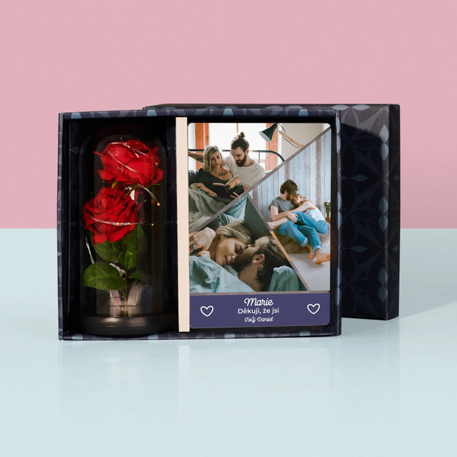 Fotokoláž: Děkuji, Že Jsi - Dárková Sada S Tiskem Na Akrylovém Skle A Věčnou Růží