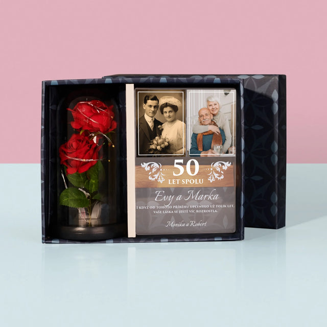 Fotokoláž: Roky Spolu - Dárková Sada S Tiskem Na Akrylovém Skle A Věčnou Růží
