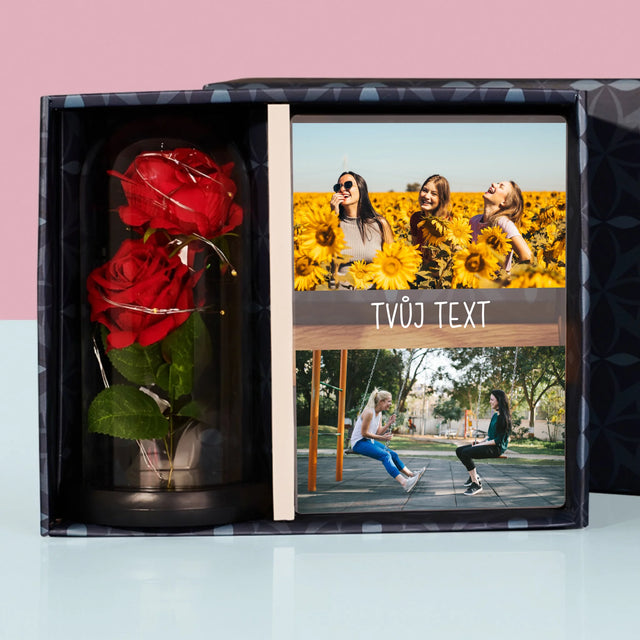 Fotokoláž: 2 Fotky A Nápis - Dárková Sada S Tiskem Na Akrylovém Skle A Věčnou Růží