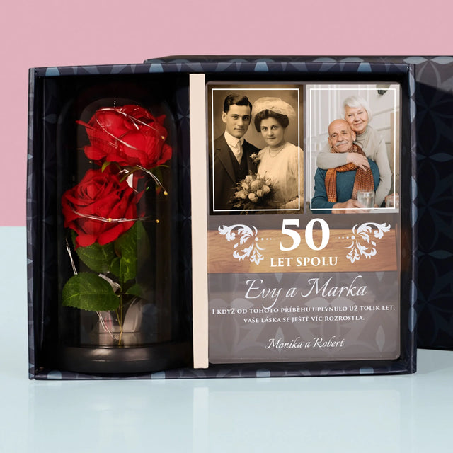 Fotokoláž: Roky Spolu - Dárková Sada S Tiskem Na Akrylovém Skle A Věčnou Růží