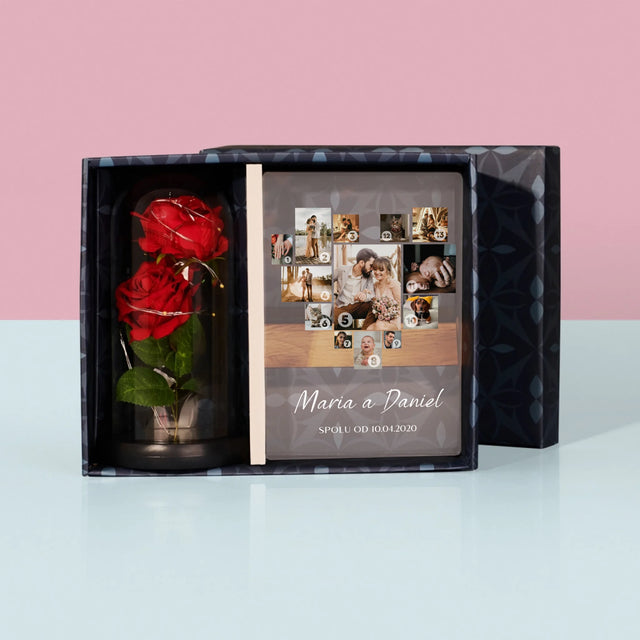 Fotokoláž: Srdce Koláž - Dárková Sada S Tiskem Na Akrylovém Skle A Věčnou Růží