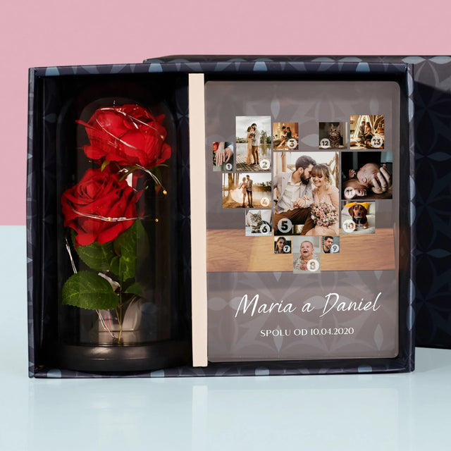 Fotokoláž: Srdce Koláž - Dárková Sada S Tiskem Na Akrylovém Skle A Věčnou Růží