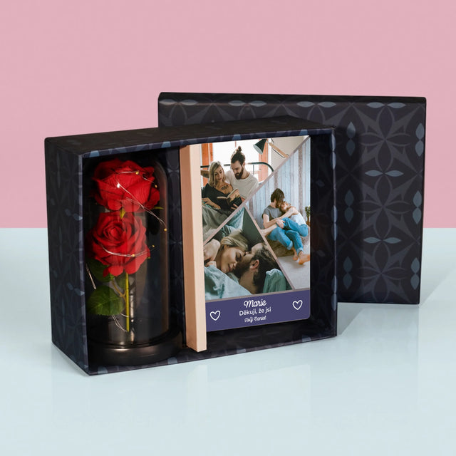 Fotokoláž: Děkuji, Že Jsi - Dárková Sada S Tiskem Na Akrylovém Skle A Věčnou Růží