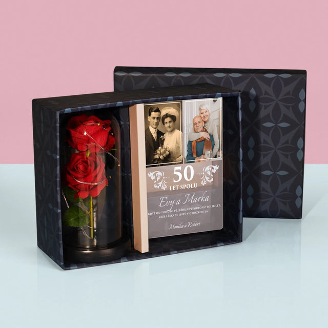 Fotokoláž: Roky Spolu - Dárková Sada S Tiskem Na Akrylovém Skle A Věčnou Růží