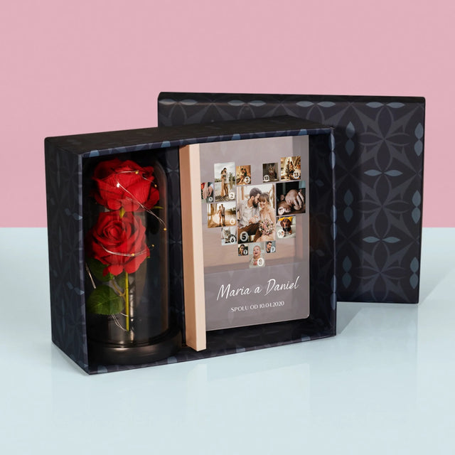 Fotokoláž: Srdce Koláž - Dárková Sada S Tiskem Na Akrylovém Skle A Věčnou Růží