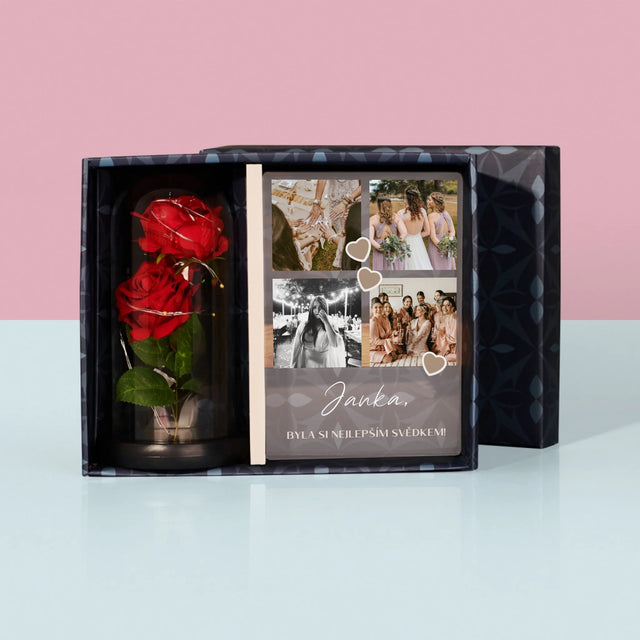 Fotokoláž: Děkovná Koláž Pro Svědka - Dárková Sada S Tiskem Na Akrylovém Skle A Věčnou Růží