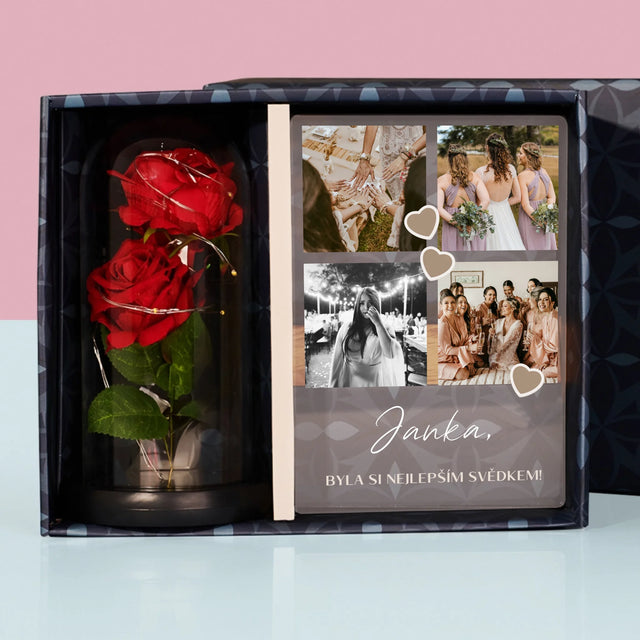 Fotokoláž: Děkovná Koláž Pro Svědka - Dárková Sada S Tiskem Na Akrylovém Skle A Věčnou Růží