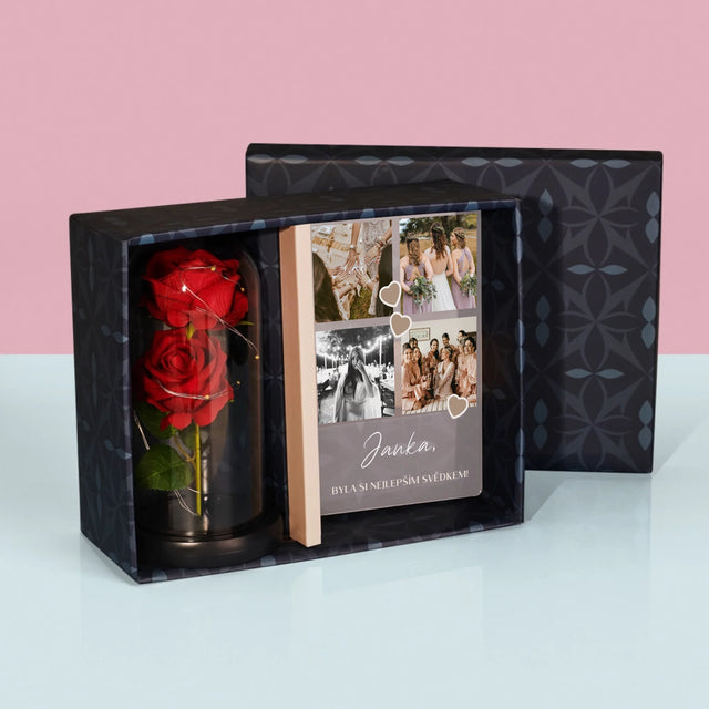 Fotokoláž: Děkovná Koláž Pro Svědka - Dárková Sada S Tiskem Na Akrylovém Skle A Věčnou Růží