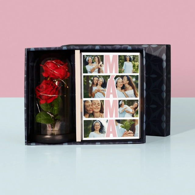 Fotokoláž: Máma Fotokoláž - Dárková Sada S Tiskem Na Akrylovém Skle A Věčnou Růží