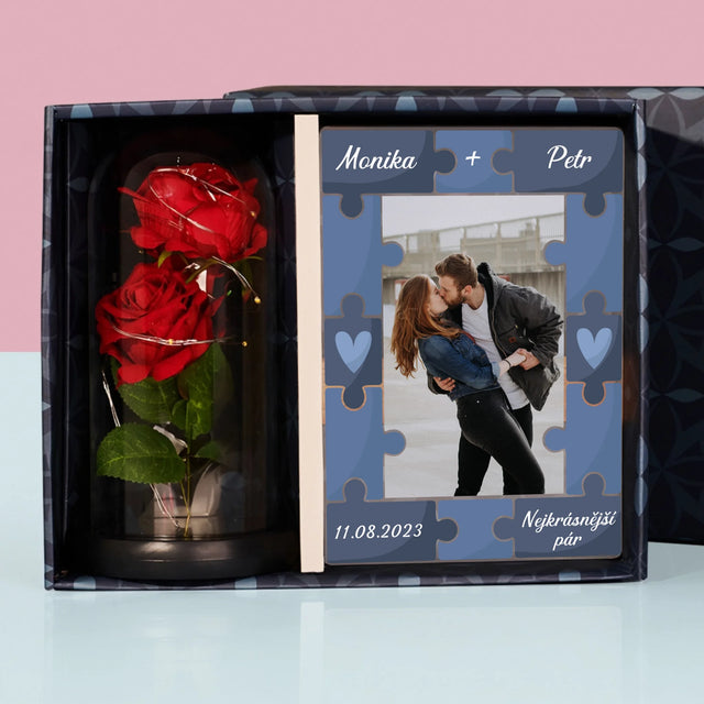 Fotka S Textem: Puzzle + Foto - Dárková Sada S Tiskem Na Akrylovém Skle A Věčnou Růží