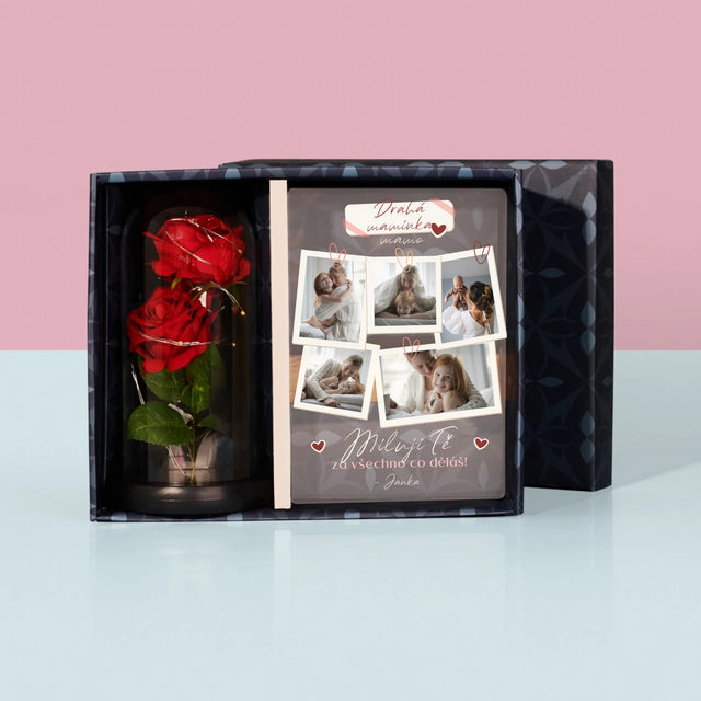 Fotokoláž: Miluji Tě Mami - Dárková Sada S Tiskem Na Akrylovém Skle A Věčnou Růží