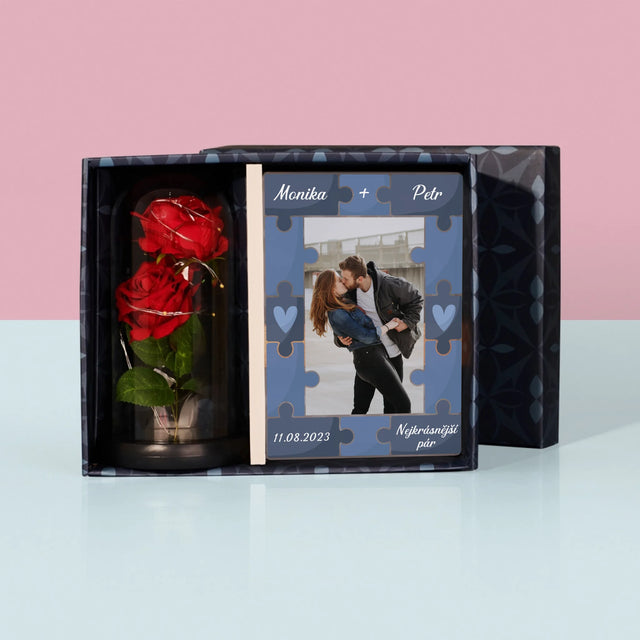 Fotka S Textem: Puzzle + Foto - Dárková Sada S Tiskem Na Akrylovém Skle A Věčnou Růží