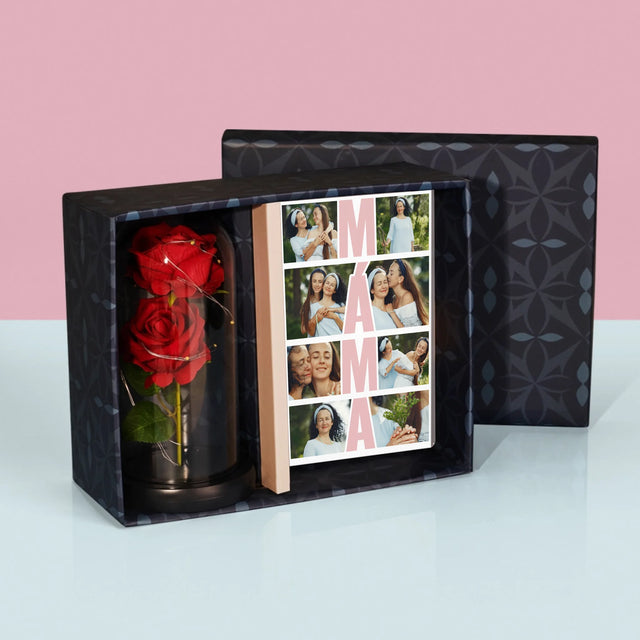 Fotokoláž: Máma Fotokoláž - Dárková Sada S Tiskem Na Akrylovém Skle A Věčnou Růží