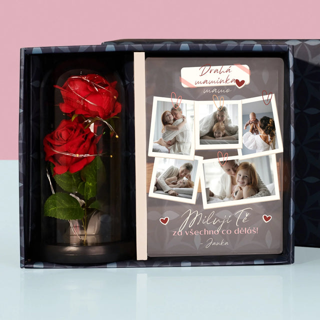 Fotokoláž: Miluji Tě Mami - Dárková Sada S Tiskem Na Akrylovém Skle A Věčnou Růží