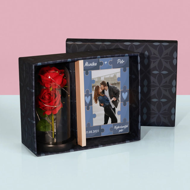 Fotka S Textem: Puzzle + Foto - Dárková Sada S Tiskem Na Akrylovém Skle A Věčnou Růží