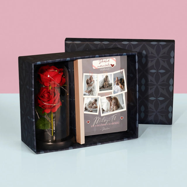 Fotokoláž: Miluji Tě Mami - Dárková Sada S Tiskem Na Akrylovém Skle A Věčnou Růží