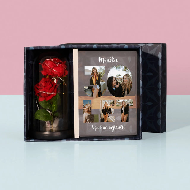 Slovo Z Fotek: 30 Let Z Tvých Fotek - Dárková Sada S Tiskem Na Akrylovém Skle A Věčnou Růží