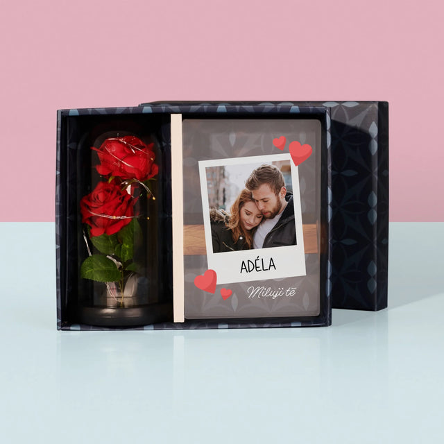 Fotka S Textem: Miluji Tě Fotka - Dárková Sada S Tiskem Na Akrylovém Skle A Věčnou Růží