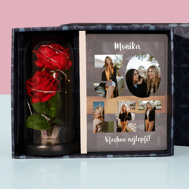 Slovo Z Fotek: 30 Let Z Tvých Fotek - Dárková Sada S Tiskem Na Akrylovém Skle A Věčnou Růží