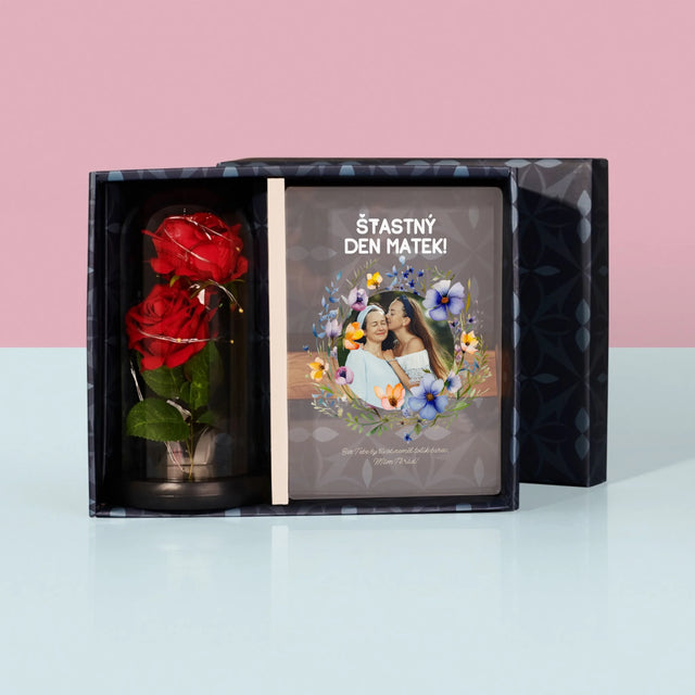 Fotka S Textem: Šťastný Den Matek - Dárková Sada S Tiskem Na Akrylovém Skle A Věčnou Růží