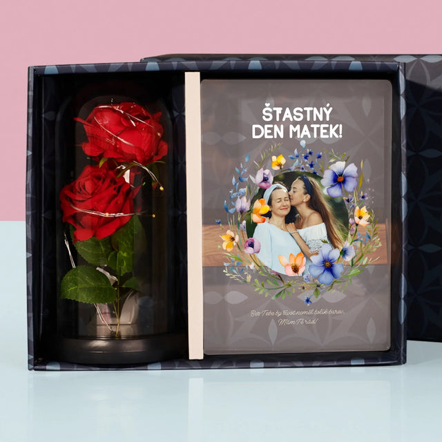 Fotka S Textem: Šťastný Den Matek - Dárková Sada S Tiskem Na Akrylovém Skle A Věčnou Růží
