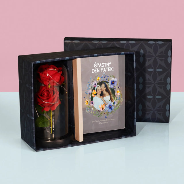 Fotka S Textem: Šťastný Den Matek - Dárková Sada S Tiskem Na Akrylovém Skle A Věčnou Růží